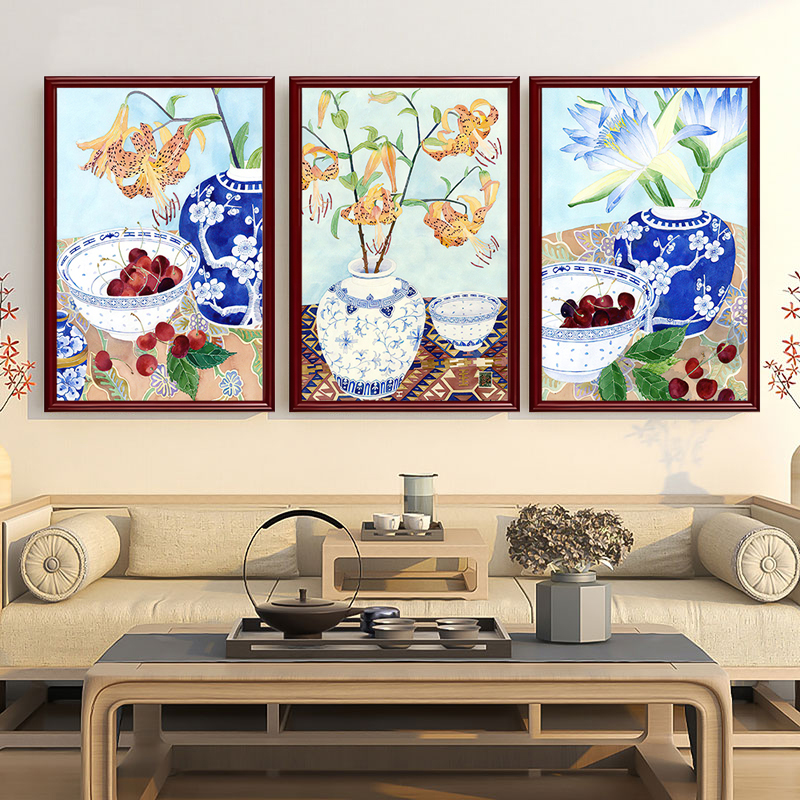 青花瓷瓷器装饰画新中式客厅书房挂画茶室蓝色花瓶花卉花瓶壁画图片