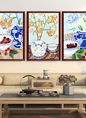 青花瓷瓷器装饰画新中式客厅书房挂画茶室蓝色花瓶花卉花瓶壁画