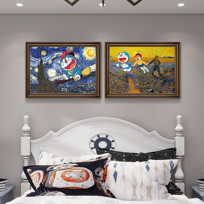 客厅沙发背景墙装饰画世界名画恶搞儿童房挂画哆啦A梦叮当猫壁画