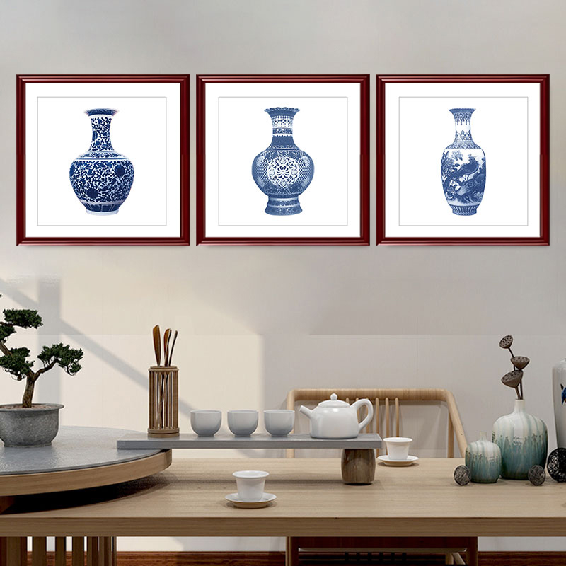 青花瓷装饰画新中式客厅玄关茶室书房挂画景德镇彩瓷花瓶扇子壁画图片