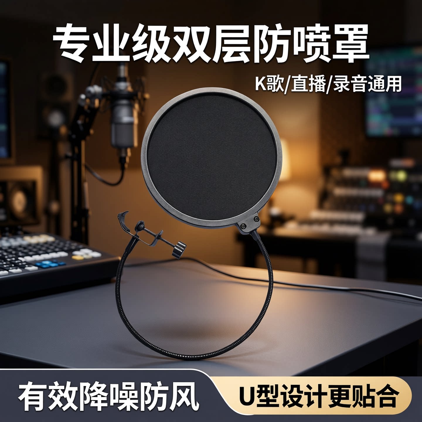 录音麦克风U型防喷网K歌降噪防风直播通用双层防喷罩