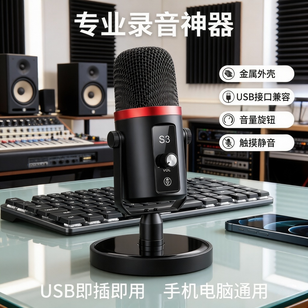 电容式USB麦克风电脑台式机笔记本通用游戏直播K歌录音麦心形指向