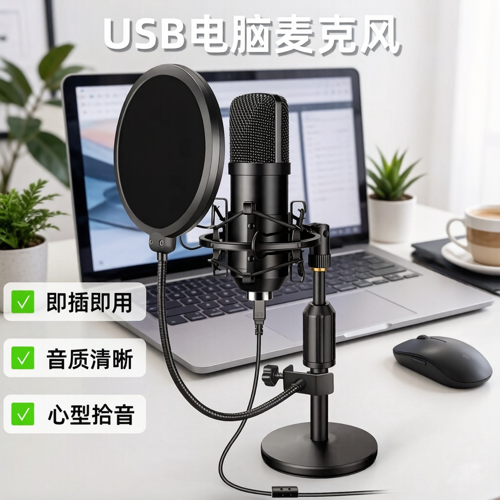 笔记本电脑台式机USB电容麦克风直播录音有声书录制心形指向话筒