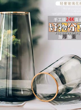 花瓶玻璃透明水养插花轻奢简约描金烟灰色客厅干花鲜花富贵竹北欧
