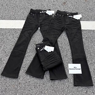 美式517版型压皱猫须基础黑牛直筒微喇黑色修身显瘦弹力牛仔裤男