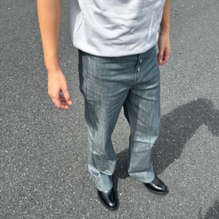OC湖水绿14盎司646原牛排扣硬挺宽松未脱浆直筒微喇堆积牛仔裤男