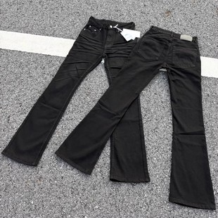 美式517版型压皱猫须基础黑牛直筒微喇黑色修身显瘦弹力牛仔裤男