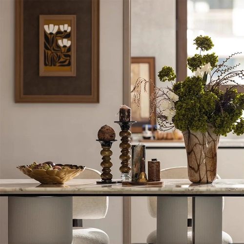 现代中古风样板间餐桌琉璃花器花艺烛台蜡烛果盘创意摆件桌面装饰