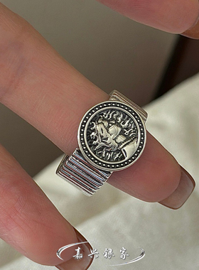 嘉兴银家s925纯银小众设计感做旧人像戒指女韩式重工复古简约指环