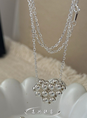 嘉兴银家s925纯银小众设计爱心珠珠项链女韩式复古简约心形毛衣链