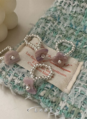 嘉兴银家s925纯银复古小众高级天然石串珠弹力绳戒指韩版简约指环