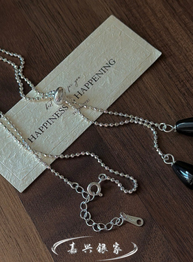 嘉兴银家s925纯银小众设计感水滴玛瑙项链女韩式风复古简约毛衣链