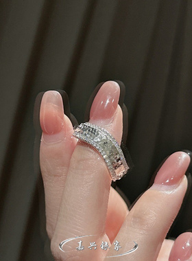 嘉兴银家s925纯银韩式轻奢高级满钻碎冰冰波浪戒指女ins质感指环