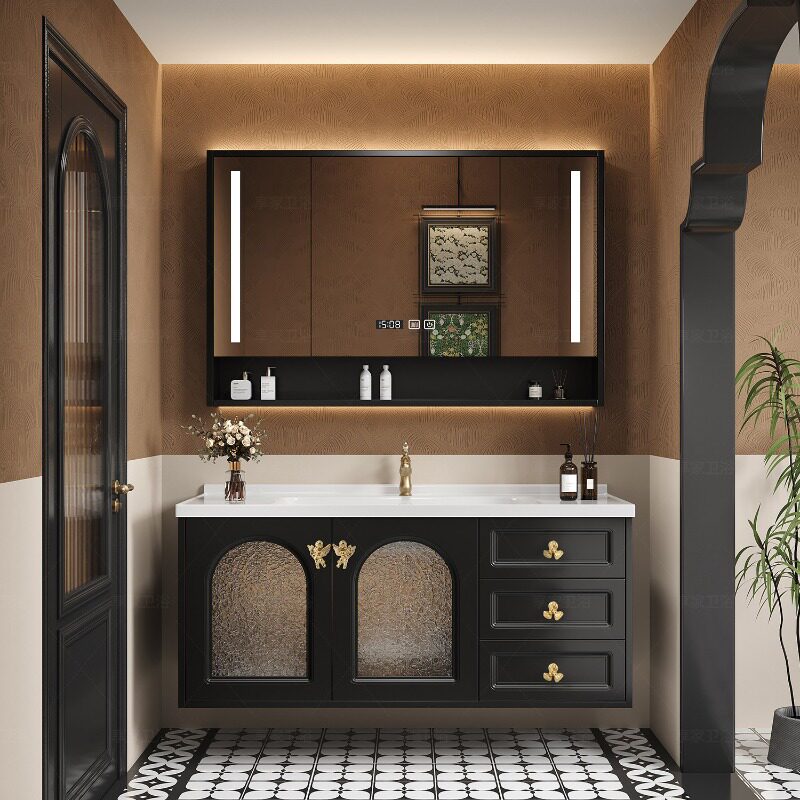 橡木轻奢法式黑色浴室柜组合陶瓷一体盆复古壁挂式洗手台