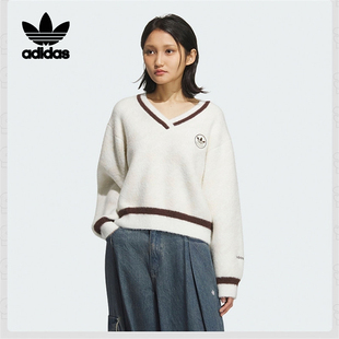 Adidas阿迪达斯三叶草女子校园风V领撞色针织套头长袖卫衣KC2687