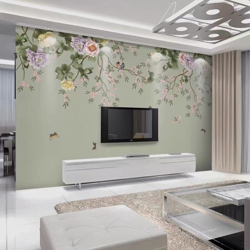 现代新中式古典花鸟壁画无纺布墙纸客厅电视背景墙壁纸8d墙布定制