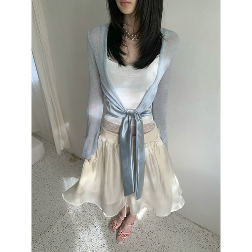 AURO MORE 光泽感蓬松伞裙半身裙流动光感双层拼接松紧腰头裙子