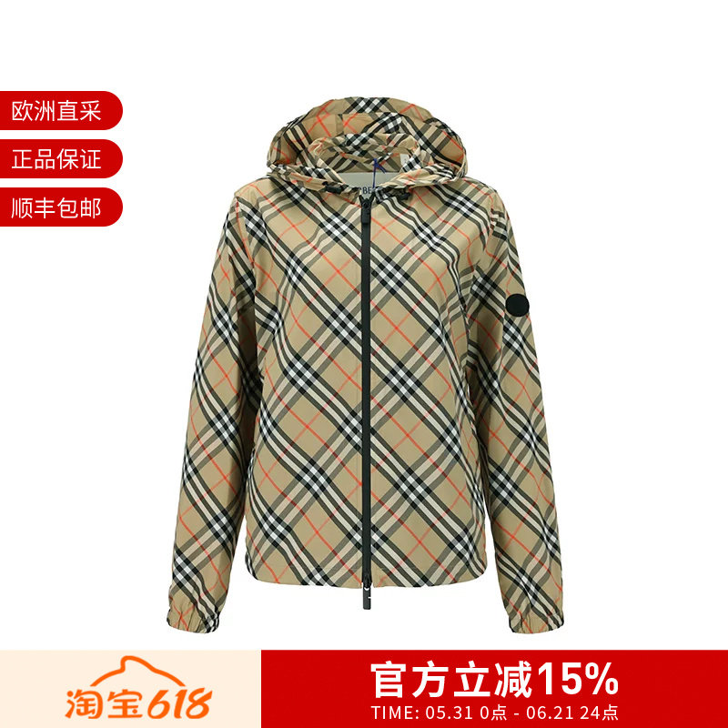 BURBERRY博柏利 女士格纹马术骑士徽标休闲连帽夹克外套 8110301
