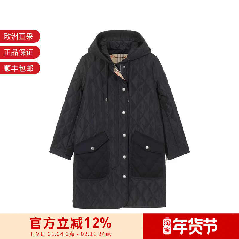 Burberry博柏利 女士中长款绗缝连帽大衣夹棉外套薄款棉服8096351,女装/女士精品,棉衣/棉服,淘宝优惠券,粉丝福利购,淘宝优惠卷