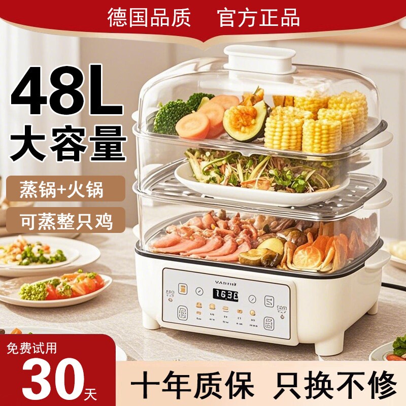 德国2026新款电蒸锅多功能家用三餐机层大容量48L蒸煮炖一体早