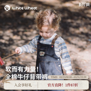 高弹肩带 子男女童纯棉牛仔背带裤 儿童26春季 裤 新款 whitewheat