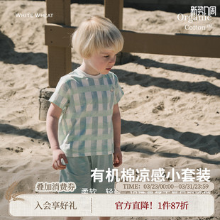 纯棉男女童格子兔子刺绣短袖 凉感套装 短裤 whitewheat儿童2026夏季