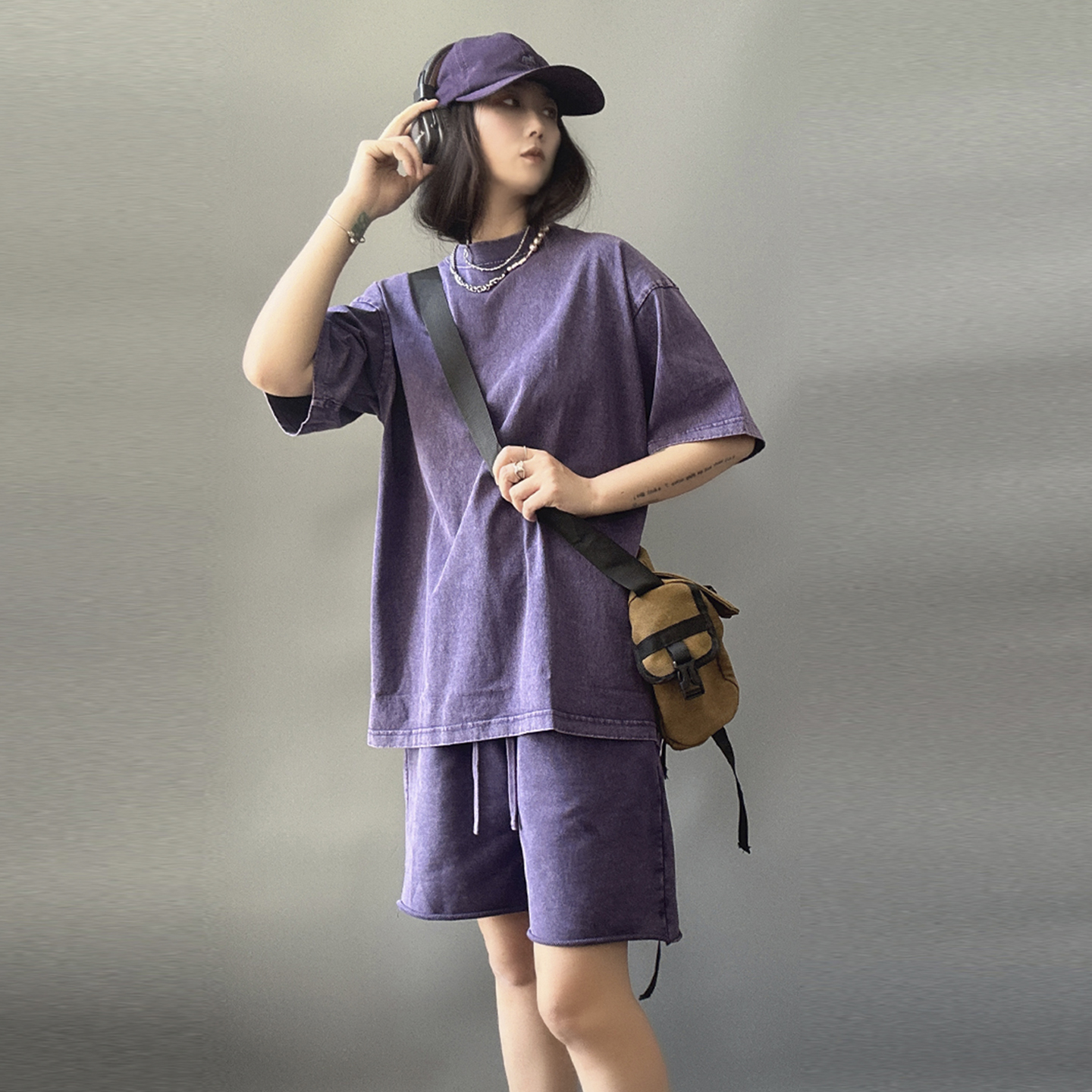 逆壳中性复古做旧短袖套装宽松BF男女夏款运动休闲100纯棉T恤短裤