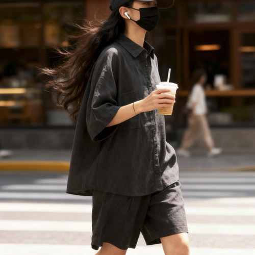 松弛感慵懒风亚麻衬衫外套大码