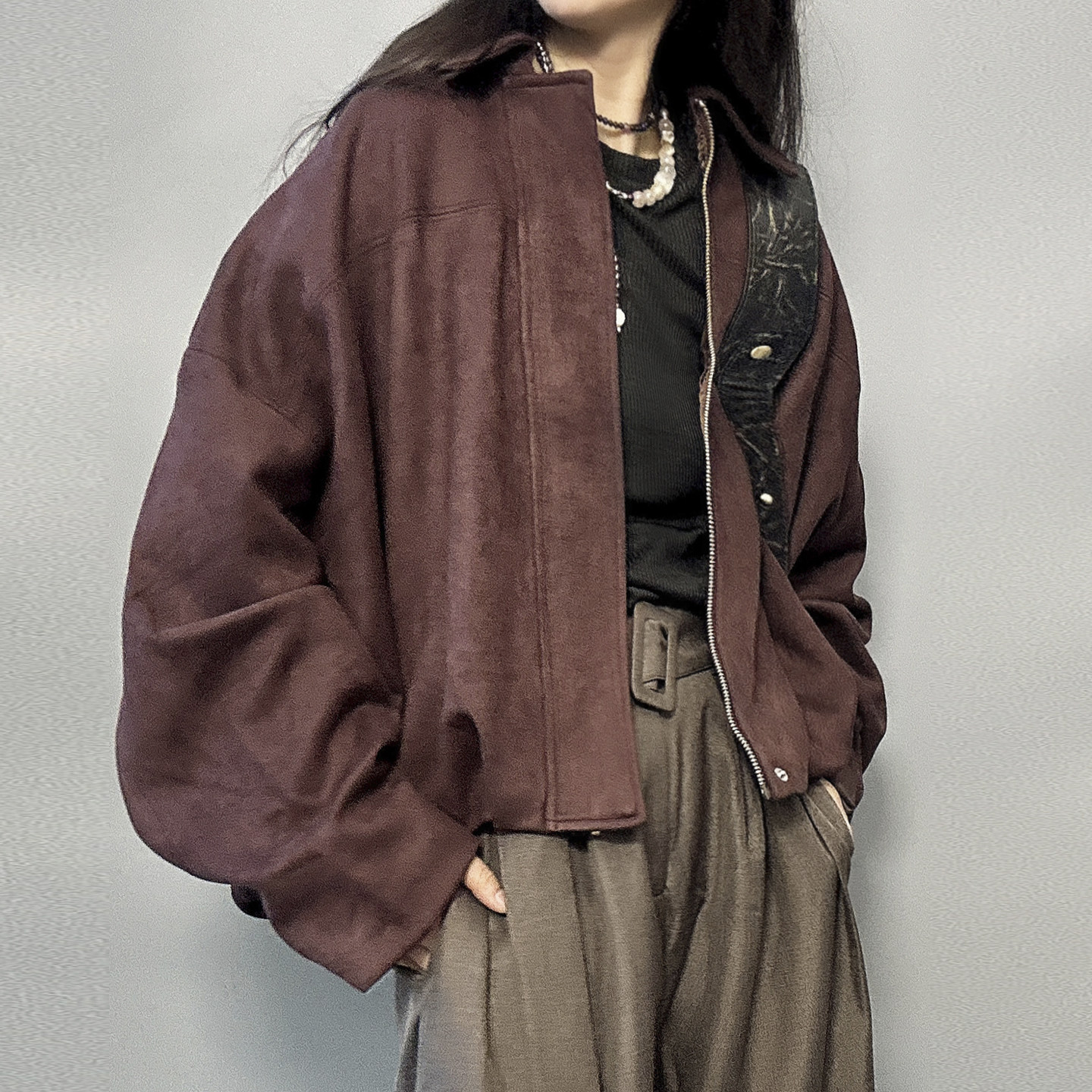 逆壳中性复古麂皮绒短款外套甜酷潮酷女男款春秋款宽松短夹克上衣