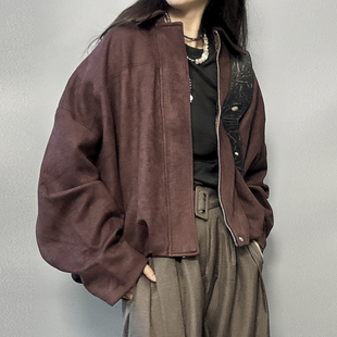 逆壳中性复古麂皮绒短款外套甜酷潮酷女男款春秋款宽松短夹克上衣