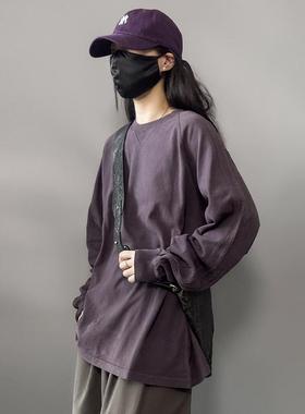 逆壳NZ美式复古长袖T恤紫色大码重磅100纯棉宽松插肩袖男女薄卫衣