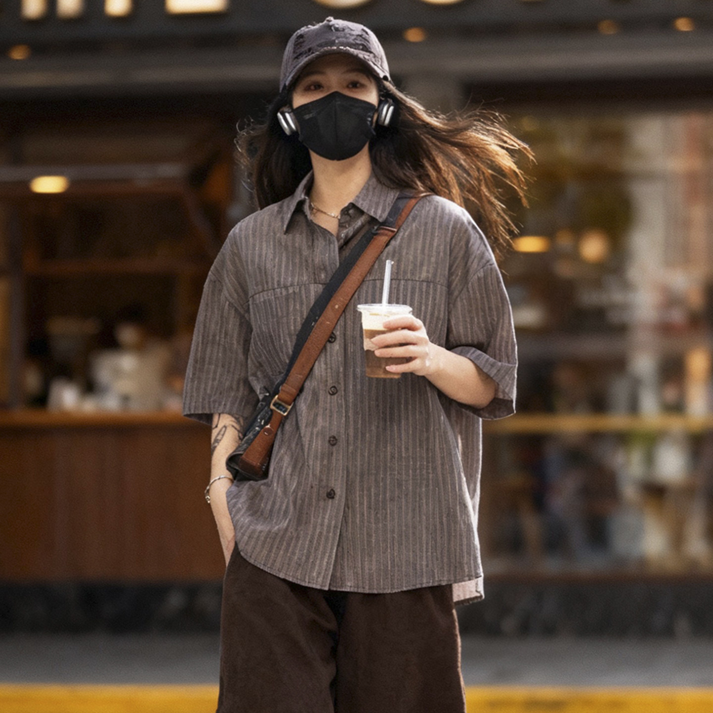 逆壳UCAN中性日系条纹短袖衬衫做旧港风古着慵懒高级感凉感薄衬衣