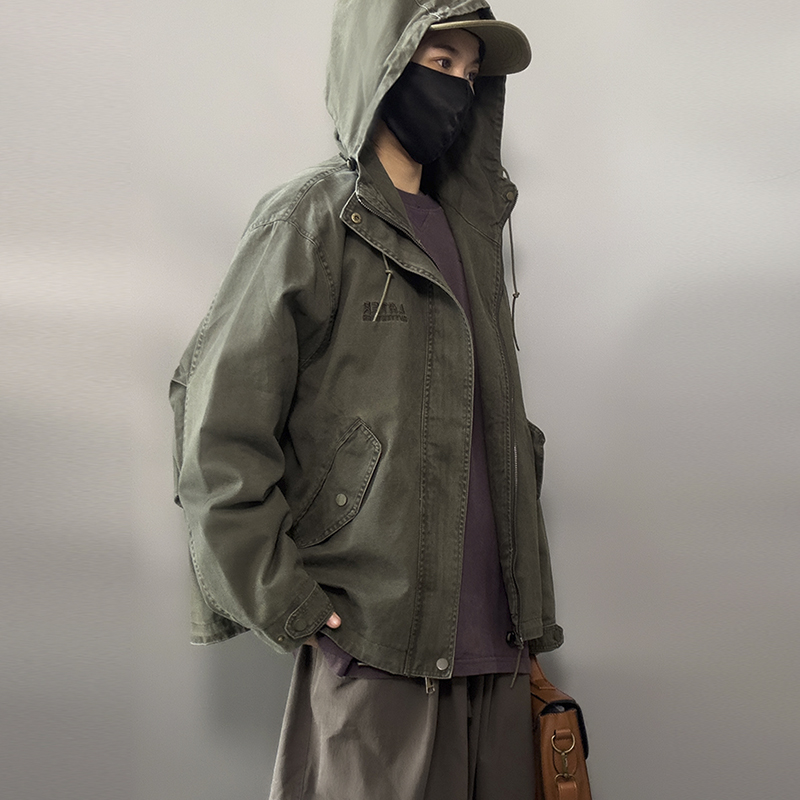 美式复古工装风军绿连帽外套开衫