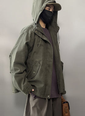 逆壳NZ 工装风连帽开衫春秋季美式复古水洗军绿色外套100纯棉外衣