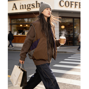 马甲 复古工装 逆壳中性休闲羽绒背心保暖白鸭绒男女款 拼色高街美式