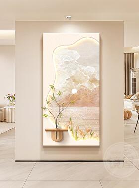 奶油风玄关带灯海景砂岩肌理挂画