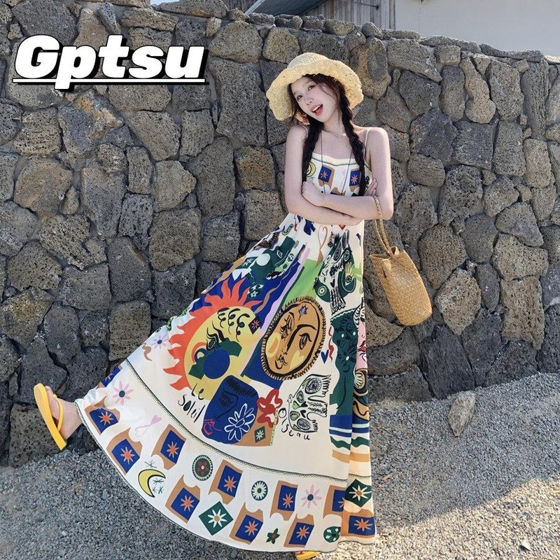GPTSu复古民族风油画涂鸦印花吊带连衣裙女夏季高级感海边长裙子