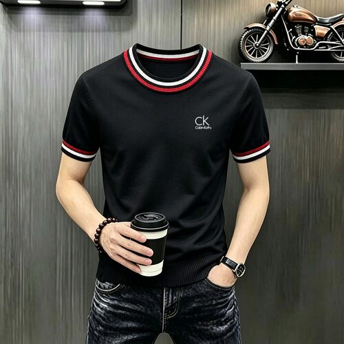 CK正品夏季短袖圆领男士新款休闲高品质冰丝伊力特痞帅风白色T恤
