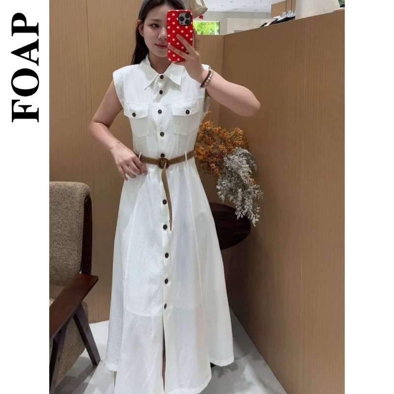 FOAP轻奢气质无袖连衣裙女2026夏季新款法式收腰显瘦中长款衬衫裙