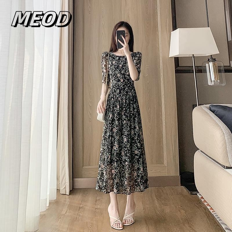 MEOD黑色碎花雪纺连衣裙女夏季2025新款收腰显瘦气质长款a字裙子