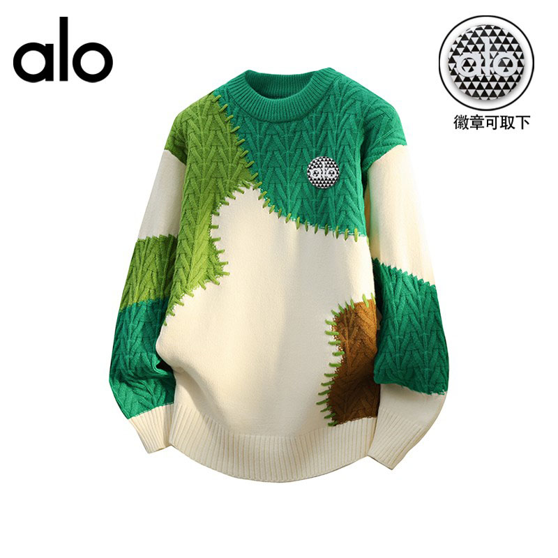 官方奥特莱斯】alo潮牌 秋季圆领毛衣男休闲宽松毛线衣拼色针织衫