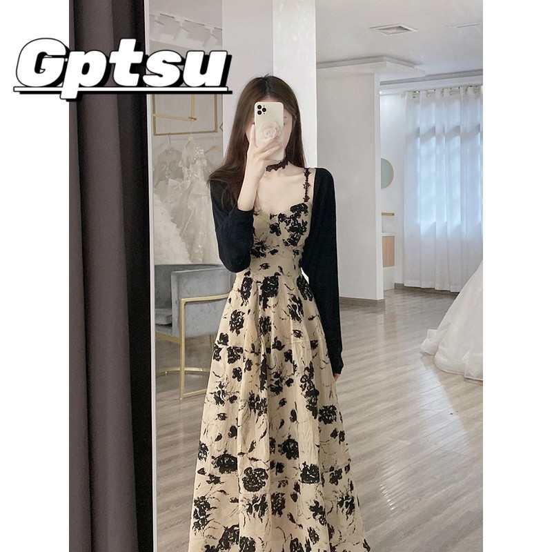 GPTSu法式碎花吊带连衣裙两件套装女夏新款雪纺高级感小个子长裙