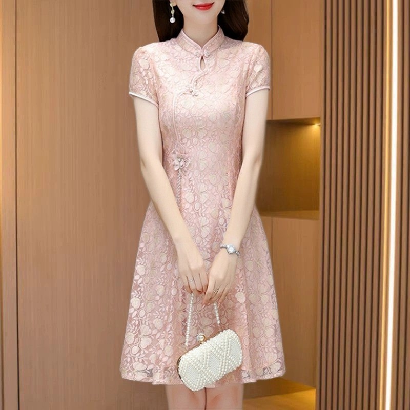 小个子蕾丝连衣裙女夏旗袍夏季年轻款气质喜婆婆婚宴装妈妈婚礼服