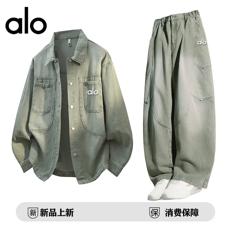 alo潮牌 春秋季美式潮牌大码男休闲运动套装宽松水洗牛仔外套长裤