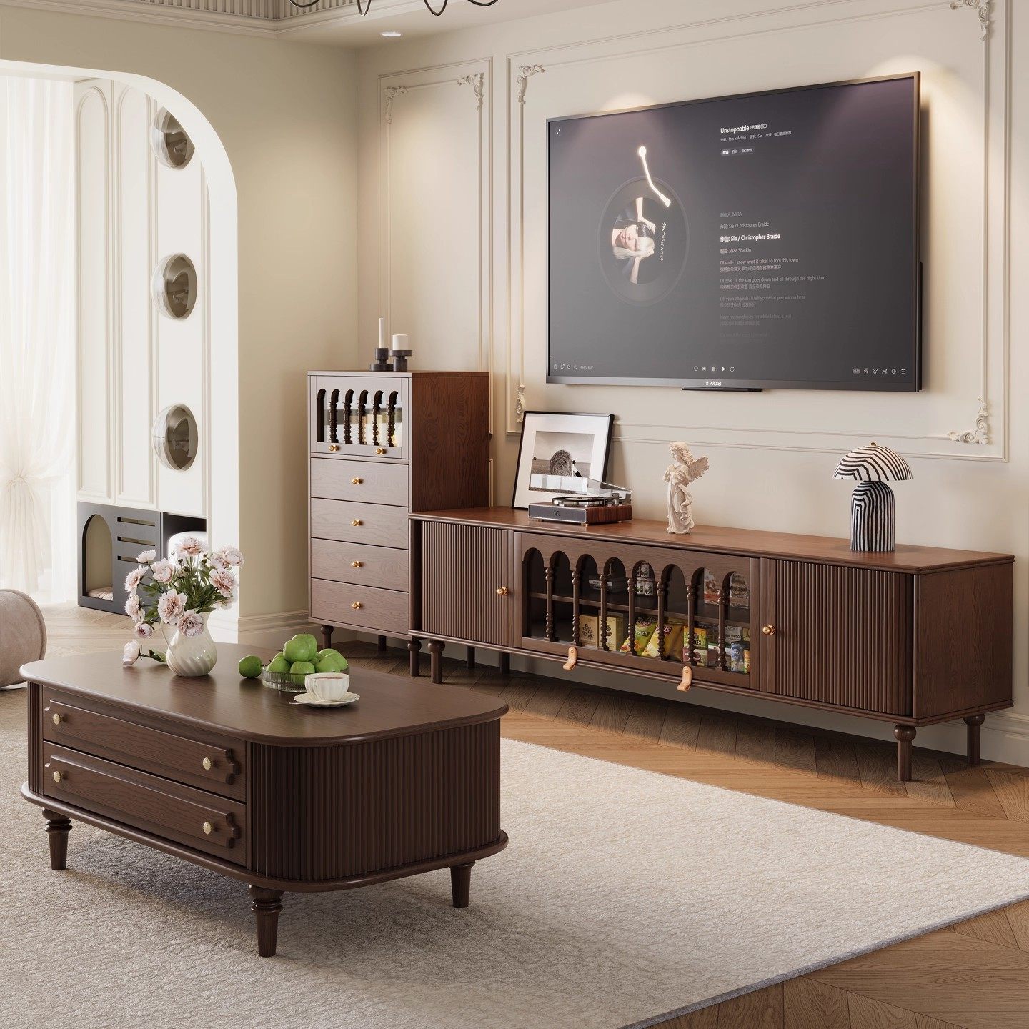 法式复古实木电视柜客厅家用视听柜轻奢高级感中古风地柜茶几组合