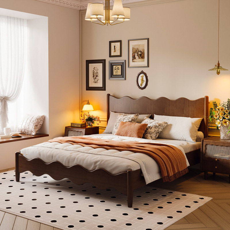 复古法式实木床1.8m双人床家用主卧床橡胶木波浪床1.5m单人床木质