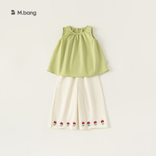 中小童休闲直筒 小清新风绿色上衣樱桃刺绣阔腿宽松裤 女童套装 夏季