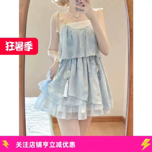 女夏汉服吊带连衣裙少女甜美风吊带裙镂空披肩蝴蝶结 新款