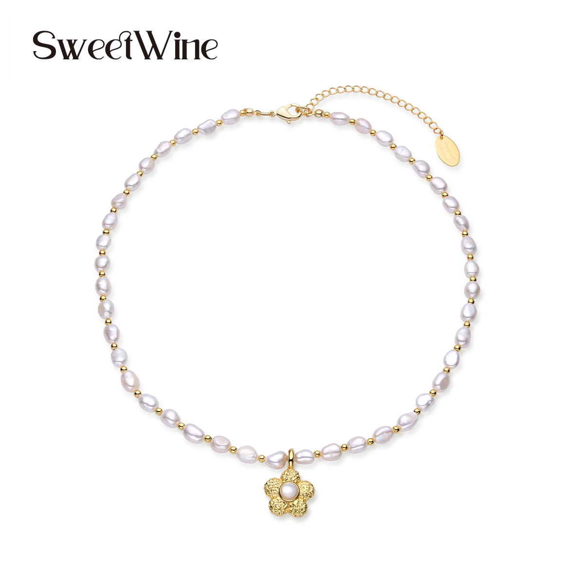 SWEETWINE金色花朵珍珠小众项链