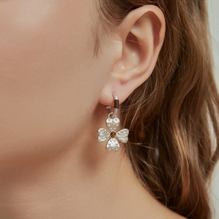 SweetWine游牧系列虎眼石哑光银色幸运草吊坠耳环